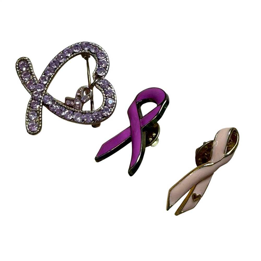 Awareness Charity Pink Ribbon Heart Rhinestone Enamel Pin Brooch Lot of‎ 3